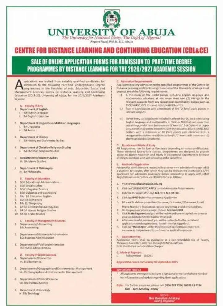 UNIABUJA Part-Time Degree Admission Form for 2026/2027